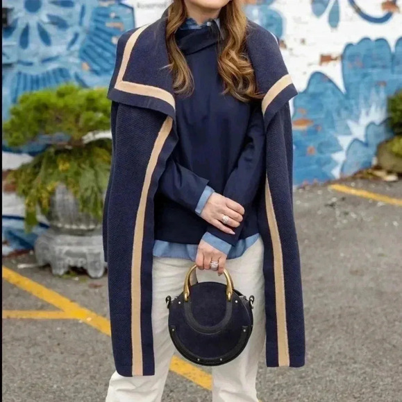 Ann Taylor Striped Trim Cascade Cardigan Navy Blue Camel Size XS Petite - Picture 4 of 5